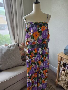 Plenty by Tracy Reese Green, Purple & Orange Floral Smocked Jumpsuit